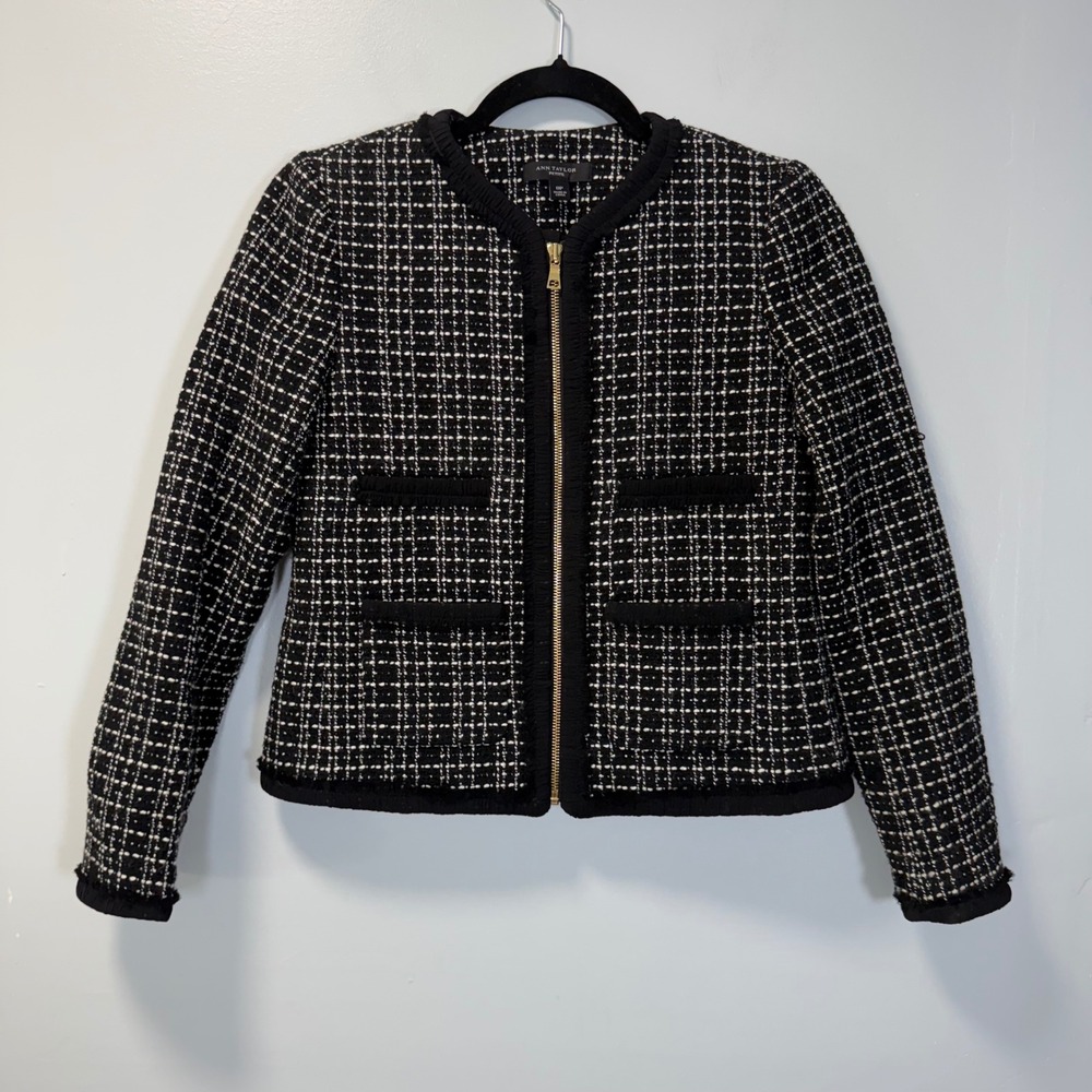 Ann Taylor Petite Black White Wool Blend Tweed Zip Front Jacket 0P 348385 Offce
